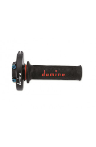 Comando gas rapido Domino versione racing monocilindrico in alluminio nero con viterie in ergal blu e manopole bicolore nero e rosso per applicazioni varie